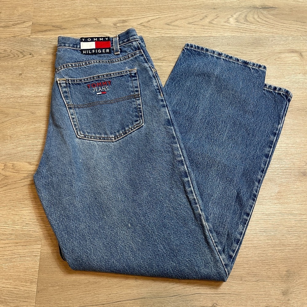 Vintage 90s Tommy Hilfiger Big Flag Patch Jeans Mens 36x34 Straight Leg Blue Den